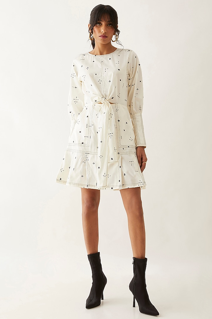 Off-White Cotton Satin Printed Vacation Dress by SNOB at Pernia's Pop Up Shop