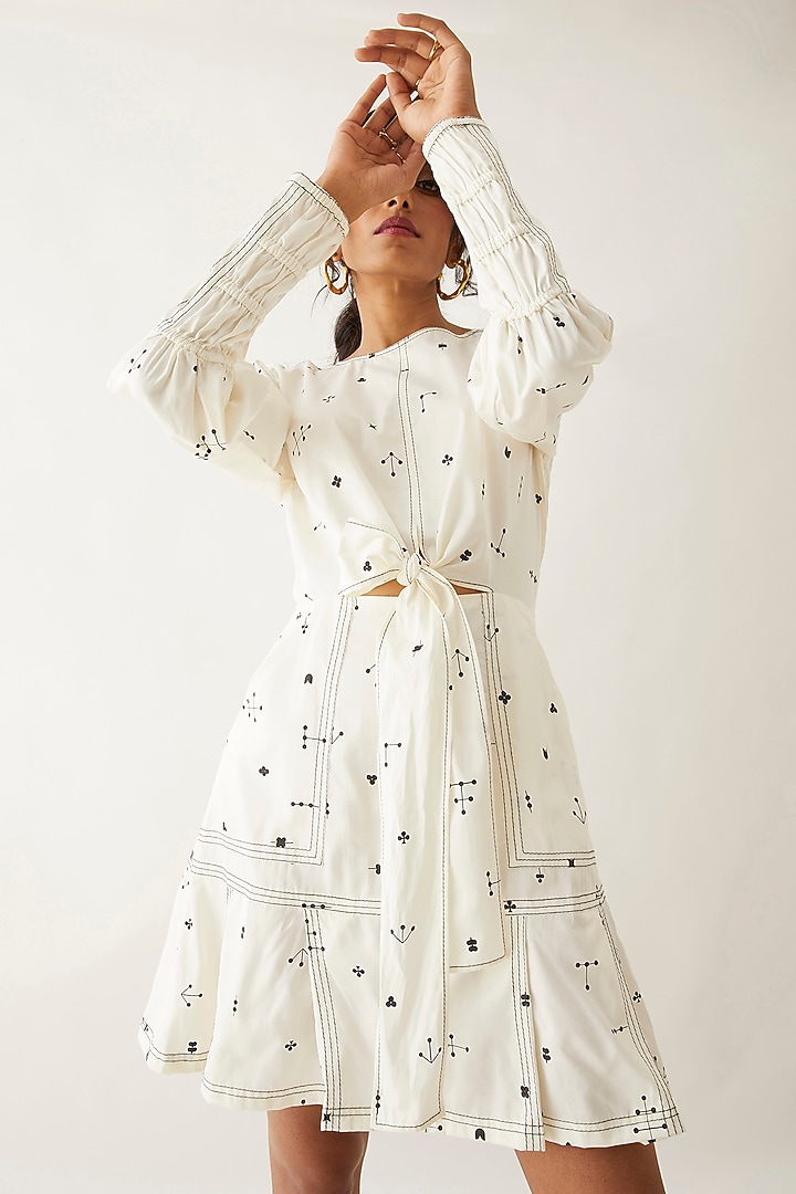 Off-White Cotton Satin Printed Vacation Dress by SNOB at Pernia's Pop Up Shop