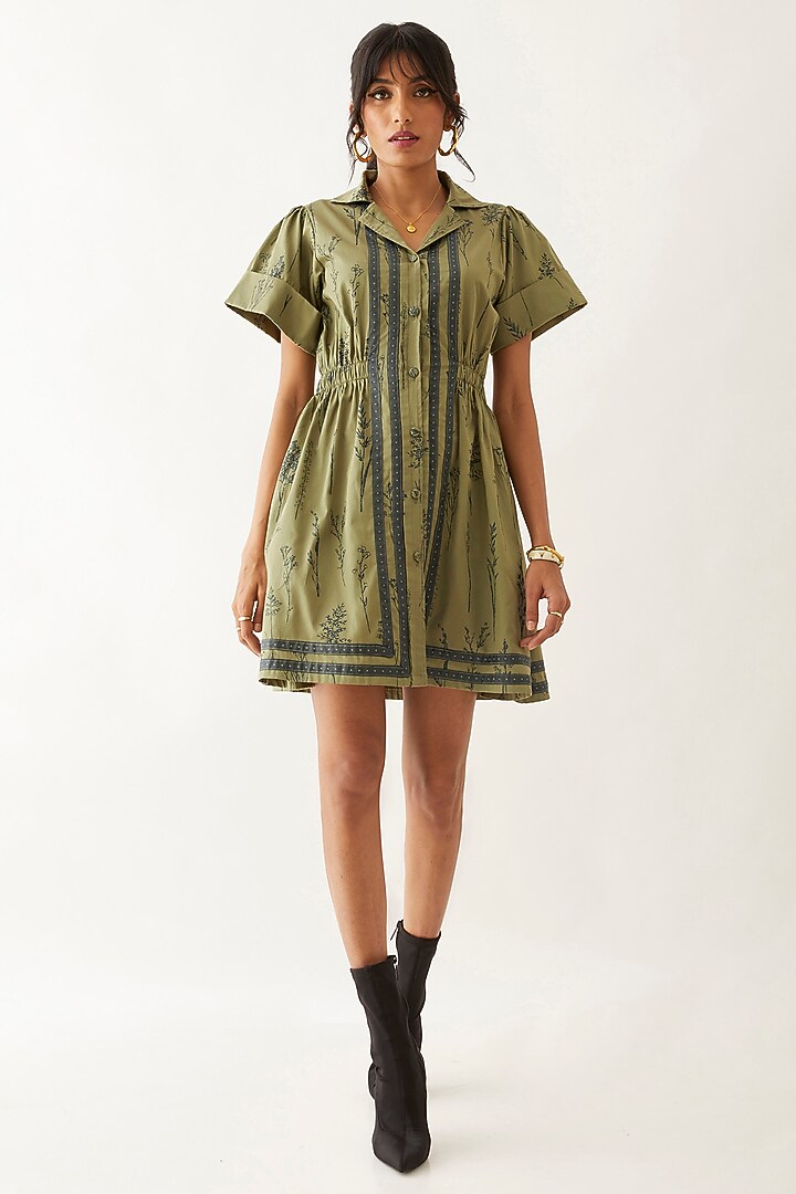 Sage Cotton Satin Printed Vacation Dress by SNOB at Pernia's Pop Up Shop