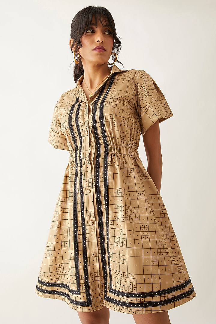 Sand Cotton Satin Printed Vacation Dress by SNOB at Pernia's Pop Up Shop
