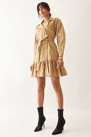 Sand Cotton Satin Printed Dress by SNOB