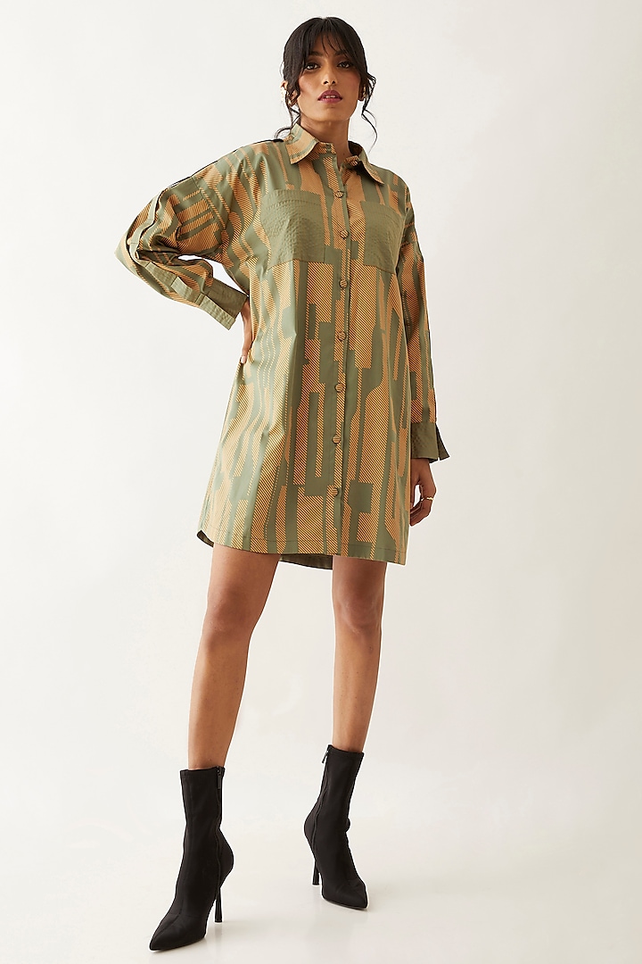 Sand Cotton Satin Printed Shirt Dress by SNOB at Pernia's Pop Up Shop