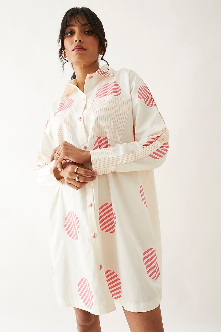 Off-White Cotton Satin Printed Vacation Shirt Dress by SNOB at Pernia's Pop Up Shop
