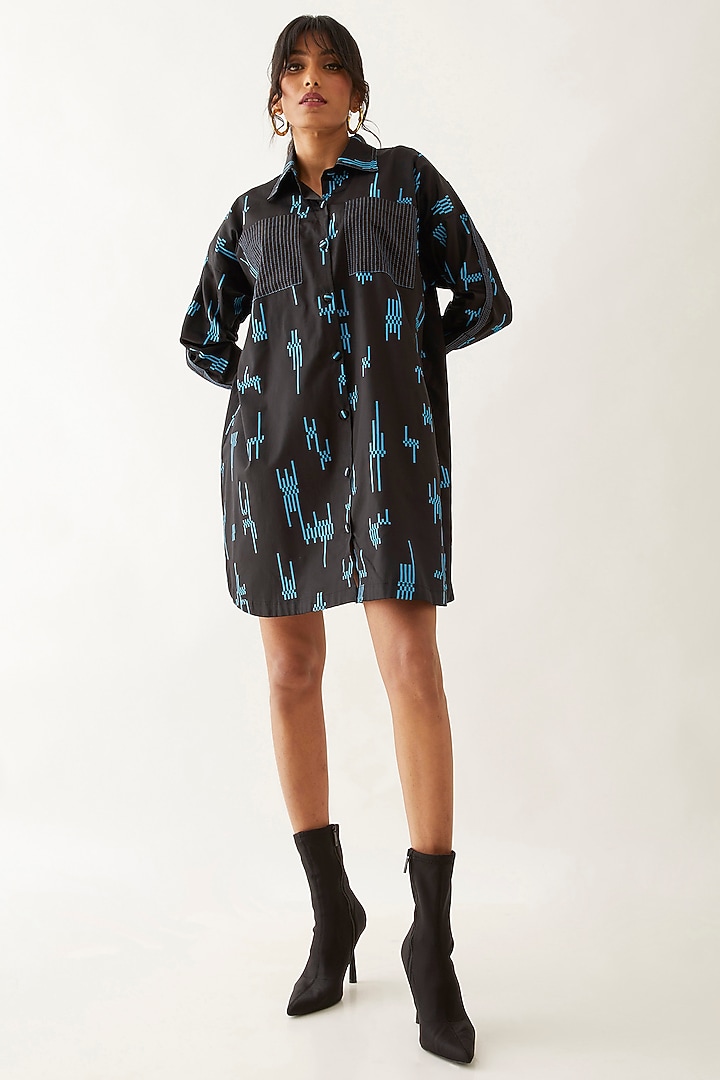 Black Cotton Satin Printed Vacation Shirt Dress by SNOB at Pernia's Pop Up Shop