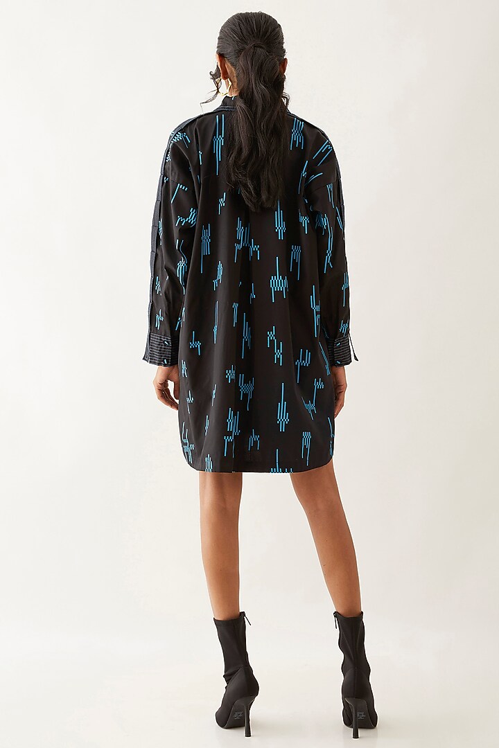 Black Cotton Satin Printed Vacation Shirt Dress by SNOB at Pernia's Pop Up Shop