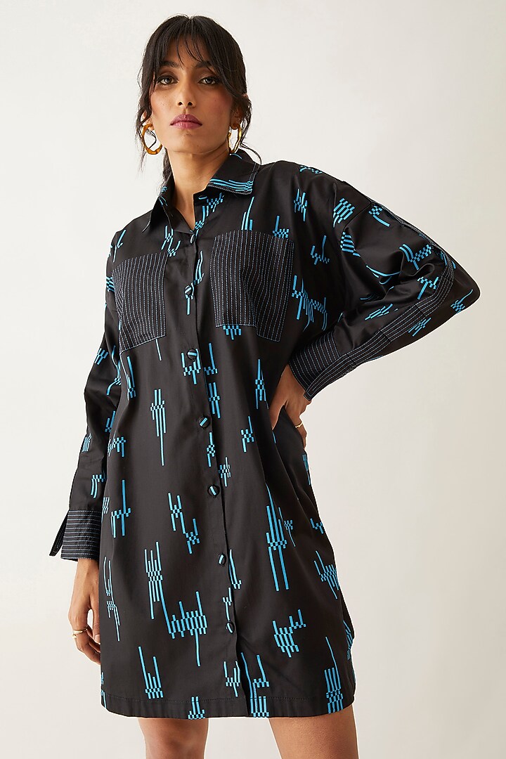 Black Cotton Satin Printed Vacation Shirt Dress by SNOB at Pernia's Pop Up Shop