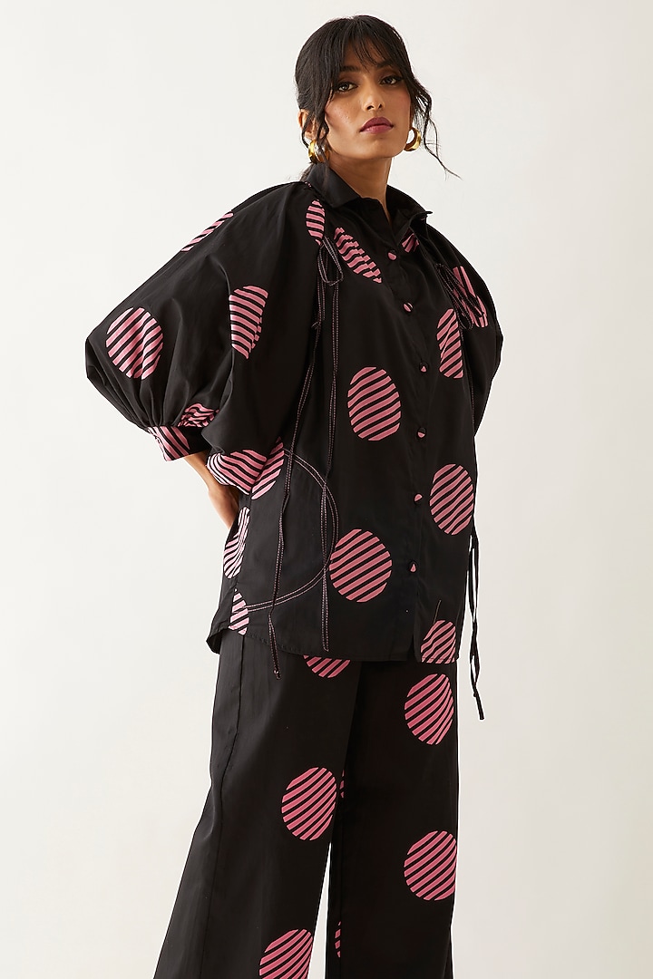 Black Cotton Satin Printed Co-Ord Set by SNOB at Pernia's Pop Up Shop