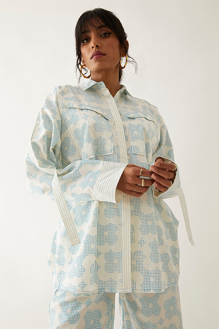 Off-White Cotton Satin Printed Co-Ord Set by SNOB at Pernia's Pop Up Shop
