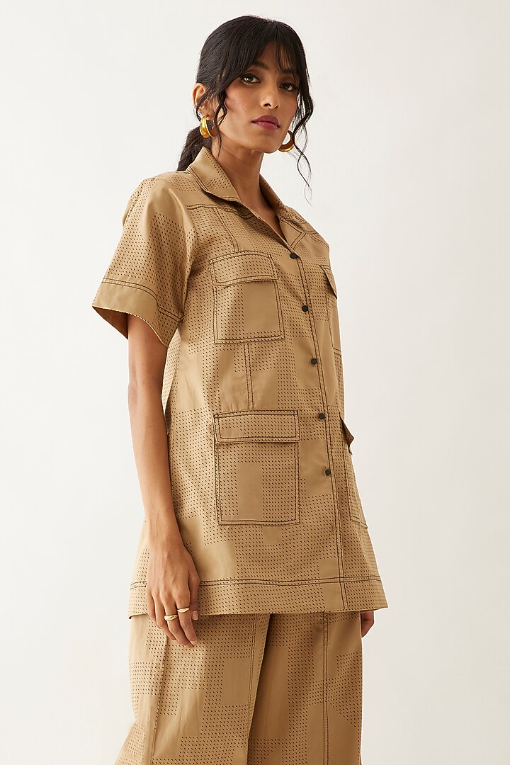 Sand Cotton Satin Printed Co-Ord Set by SNOB at Pernia's Pop Up Shop