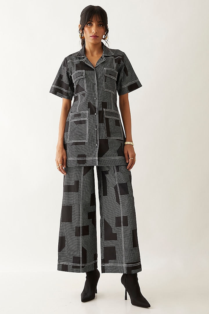 Black Cotton Satin Printed Co-Ord Set by SNOB at Pernia's Pop Up Shop