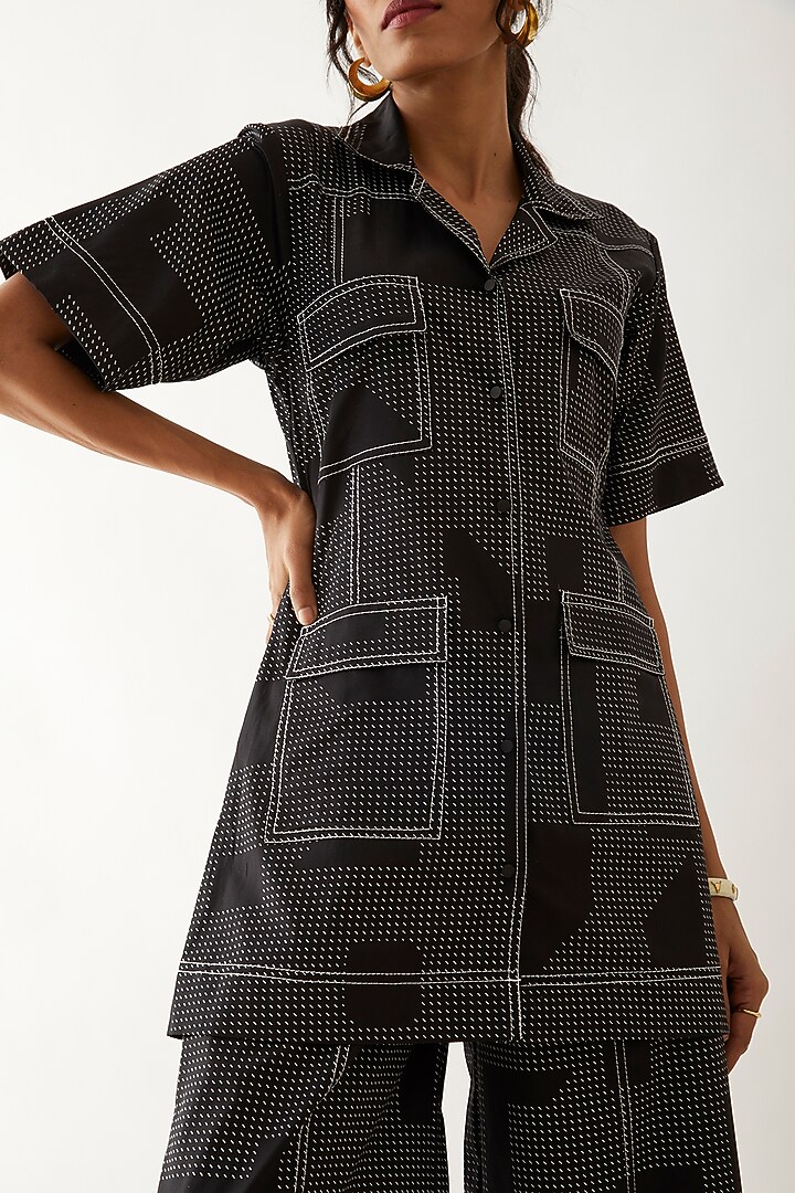 Black Cotton Satin Printed Co-Ord Set by SNOB at Pernia's Pop Up Shop