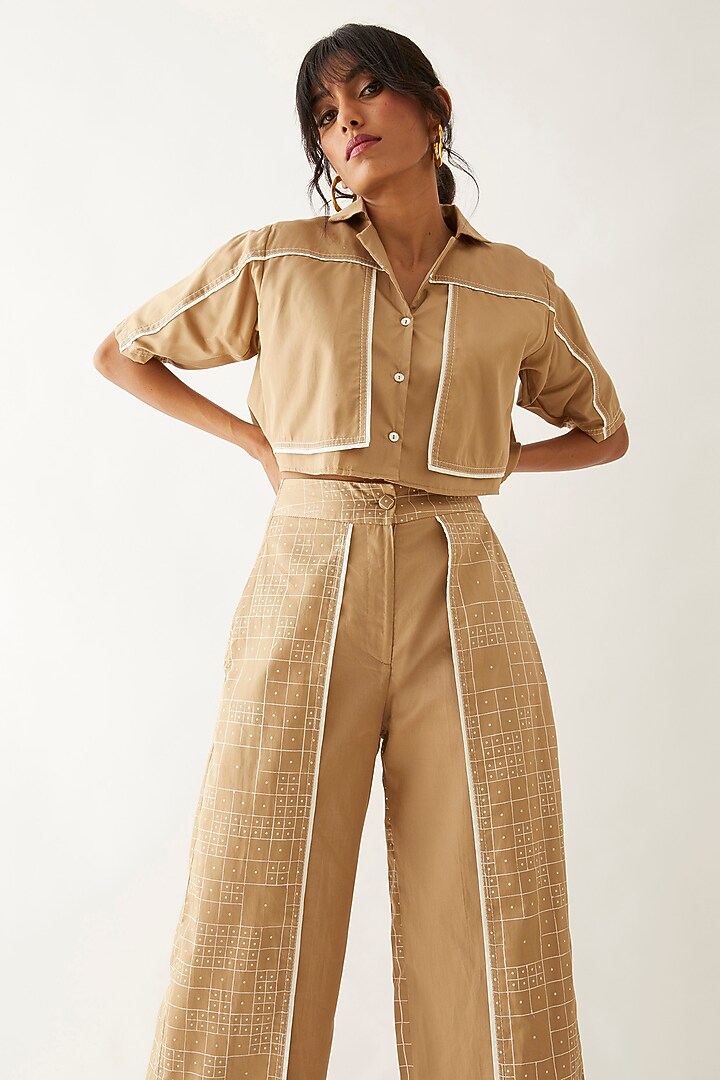 Sand Cotton Satin Printed Co-Ord Set by SNOB at Pernia's Pop Up Shop
