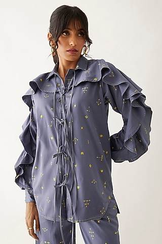 Twilight-Colored Cotton Satin Printed Shirt by SNOB