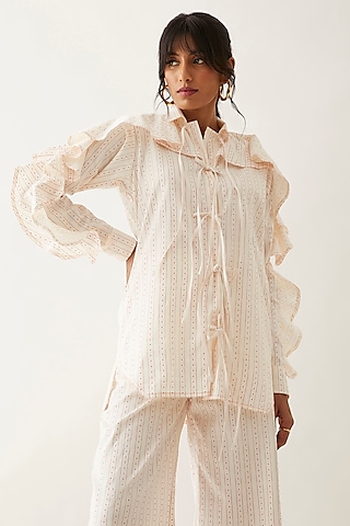 Off-White Cotton Satin Printed Shirt by SNOB