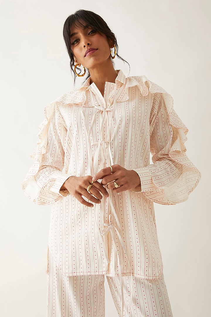 Off-White Cotton Satin Printed Shirt by SNOB at Pernia's Pop Up Shop