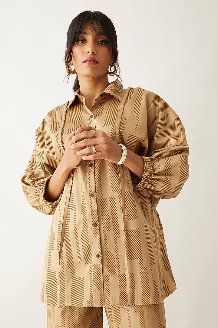 Sand Cotton Satin Printed Shirt by SNOB at Pernia's Pop Up Shop