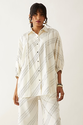 Off-White Cotton Satin Printed Shirt by SNOB