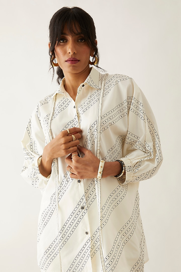 Off-White Cotton Satin Printed Shirt by SNOB at Pernia's Pop Up Shop