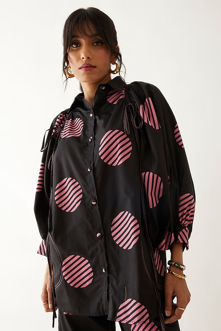 Black Cotton Satin Printed Shirt by SNOB at Pernia's Pop Up Shop