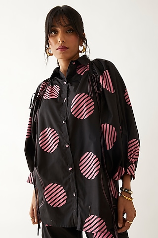 Black Cotton Satin Printed Shirt by SNOB