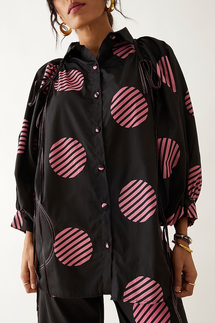 Black Cotton Satin Printed Shirt by SNOB at Pernia's Pop Up Shop