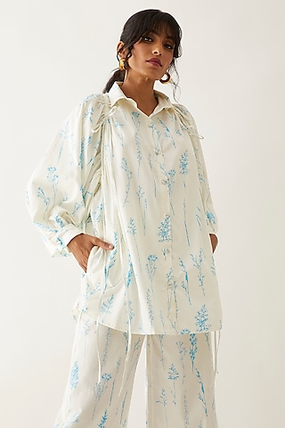 Off-White Cotton Satin Printed Shirt by SNOB
