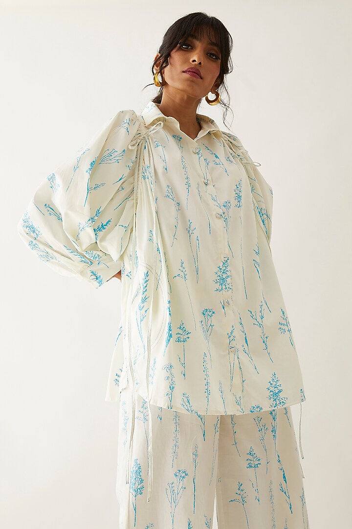 Off-White Cotton Satin Printed Shirt by SNOB at Pernia's Pop Up Shop