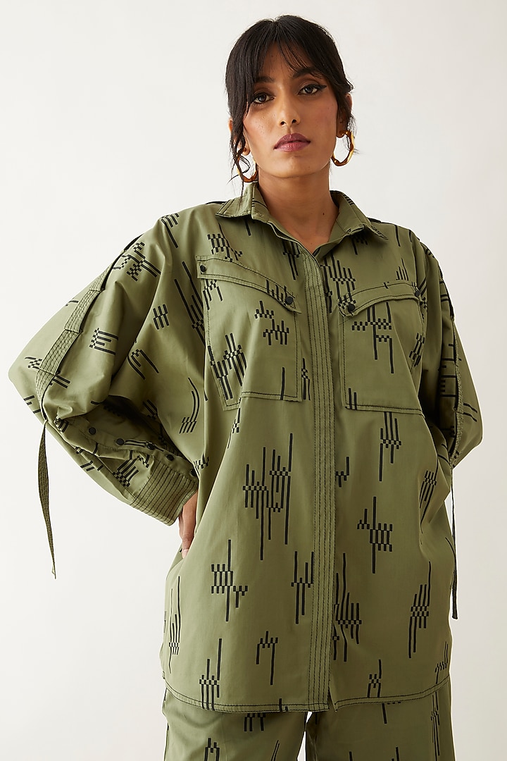 Sage Cotton Satin Printed Shirt by SNOB at Pernia's Pop Up Shop