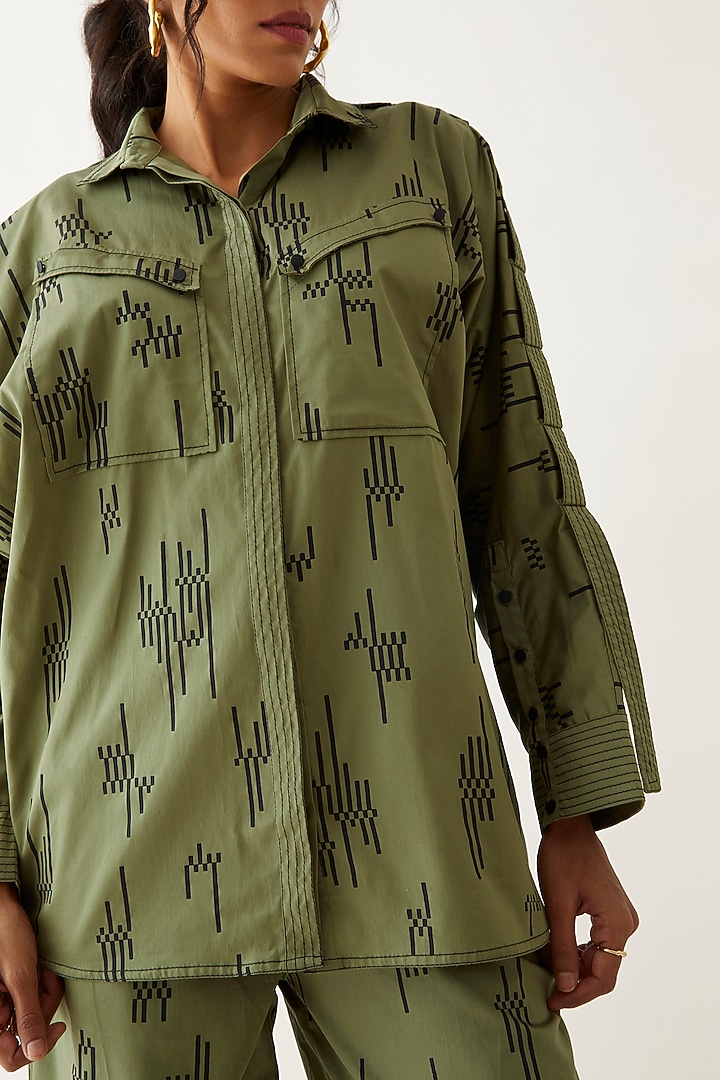 Sage Cotton Satin Printed Shirt by SNOB at Pernia's Pop Up Shop