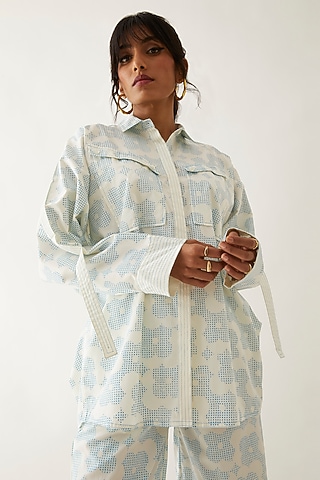 Off-White Cotton Satin Printed Shirt by SNOB