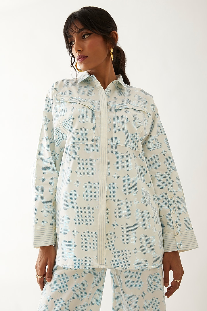 Off-White Cotton Satin Printed Shirt by SNOB at Pernia's Pop Up Shop
