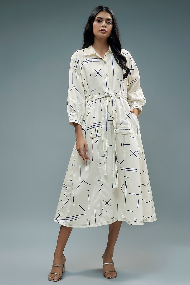 White Cotton Satin Printed Midi Dress by SNOB at Pernia's Pop Up Shop