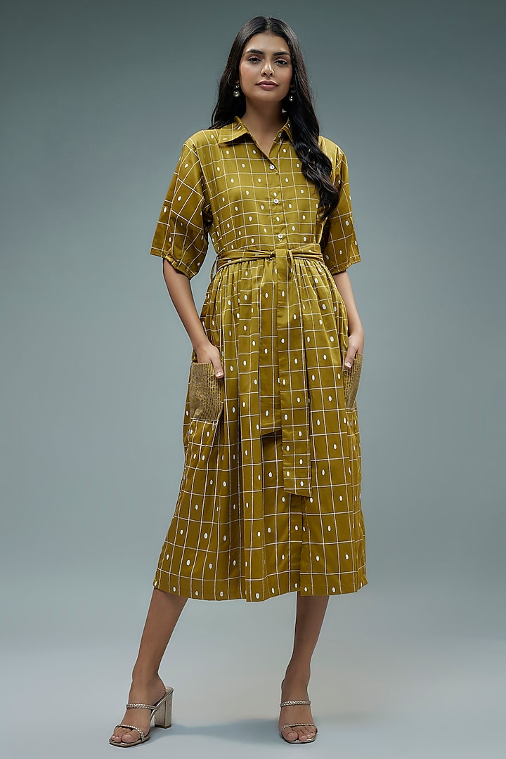 Gold Cotton Checkered Midi Dress by SNOB at Pernia's Pop Up Shop