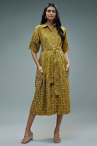 Gold Cotton Checkered Midi Dress by SNOB