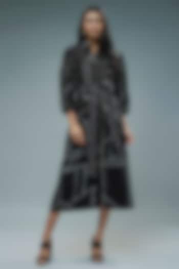 Black Cotton Satin Printed A-Line Midi Vacation Dress by SNOB at Pernia's Pop Up Shop