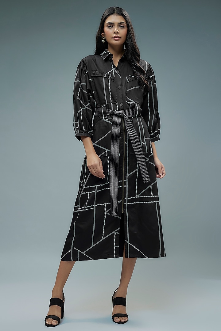 Black Cotton Satin Printed A-Line Midi Vacation Dress by SNOB at Pernia's Pop Up Shop