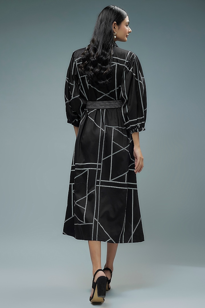 Black Cotton Satin Printed A-Line Midi Vacation Dress by SNOB at Pernia's Pop Up Shop