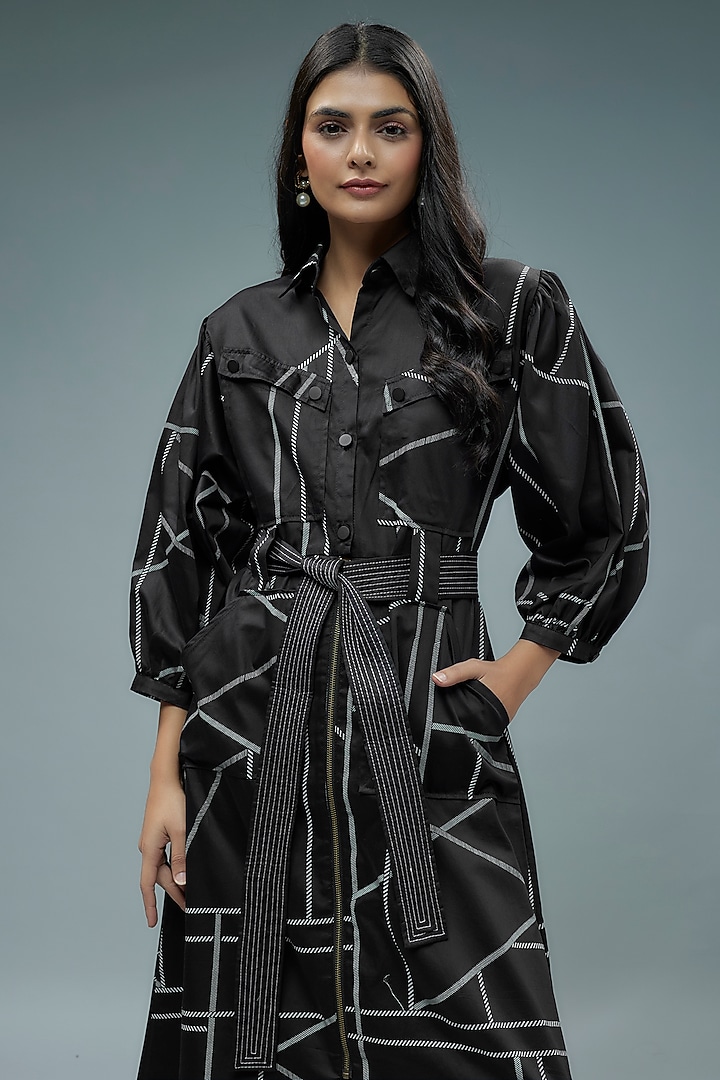 Black Cotton Satin Printed A-Line Midi Vacation Dress by SNOB at Pernia's Pop Up Shop
