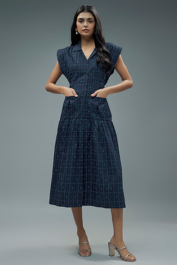 Blue Cotton Poplin Checkered Midi Vacation Dress by SNOB at Pernia's Pop Up Shop
