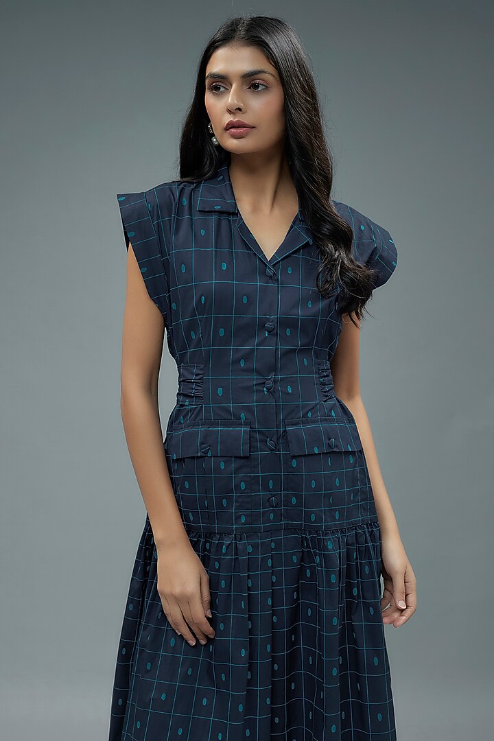 Blue Cotton Poplin Checkered Midi Vacation Dress by SNOB at Pernia's Pop Up Shop