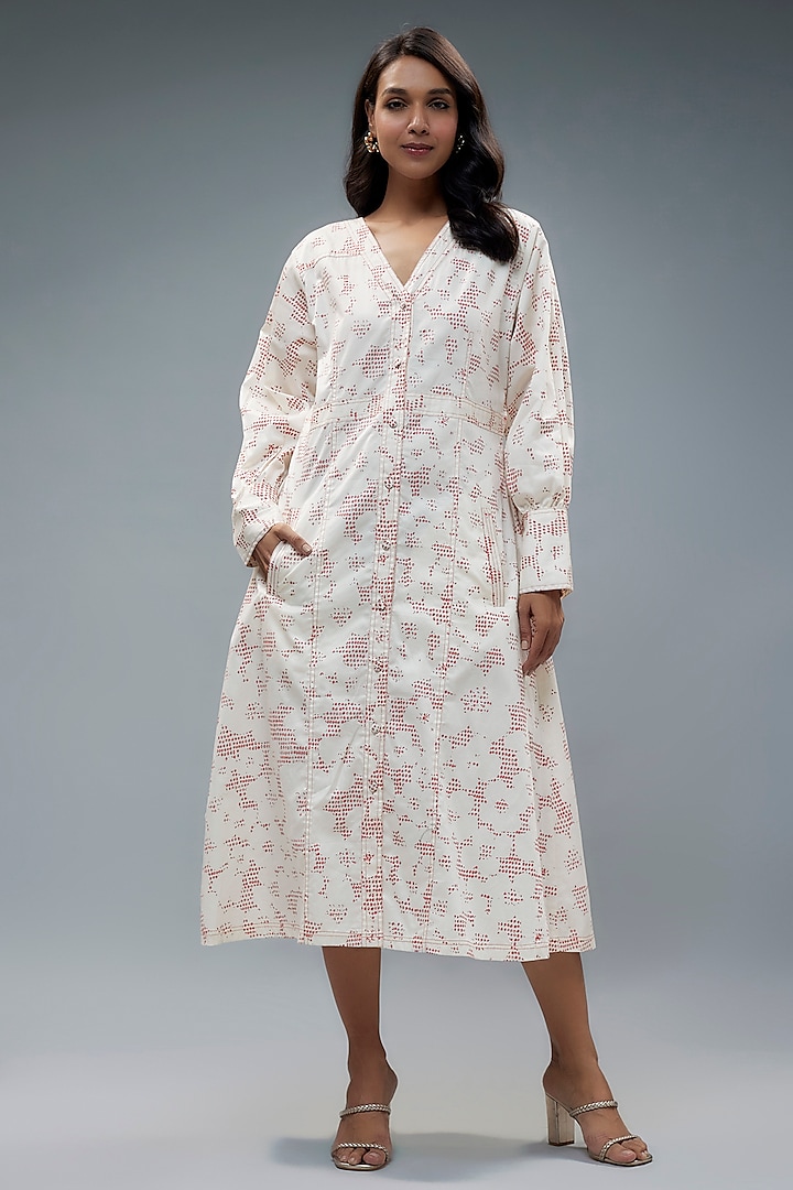 White Cotton Satin Printed Midi Dress by SNOB at Pernia's Pop Up Shop