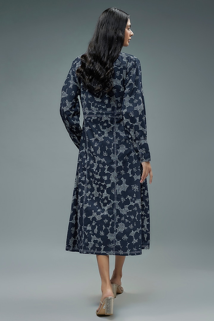 Blue Cotton Satin Printed Midi Vacation Dress by SNOB at Pernia's Pop Up Shop