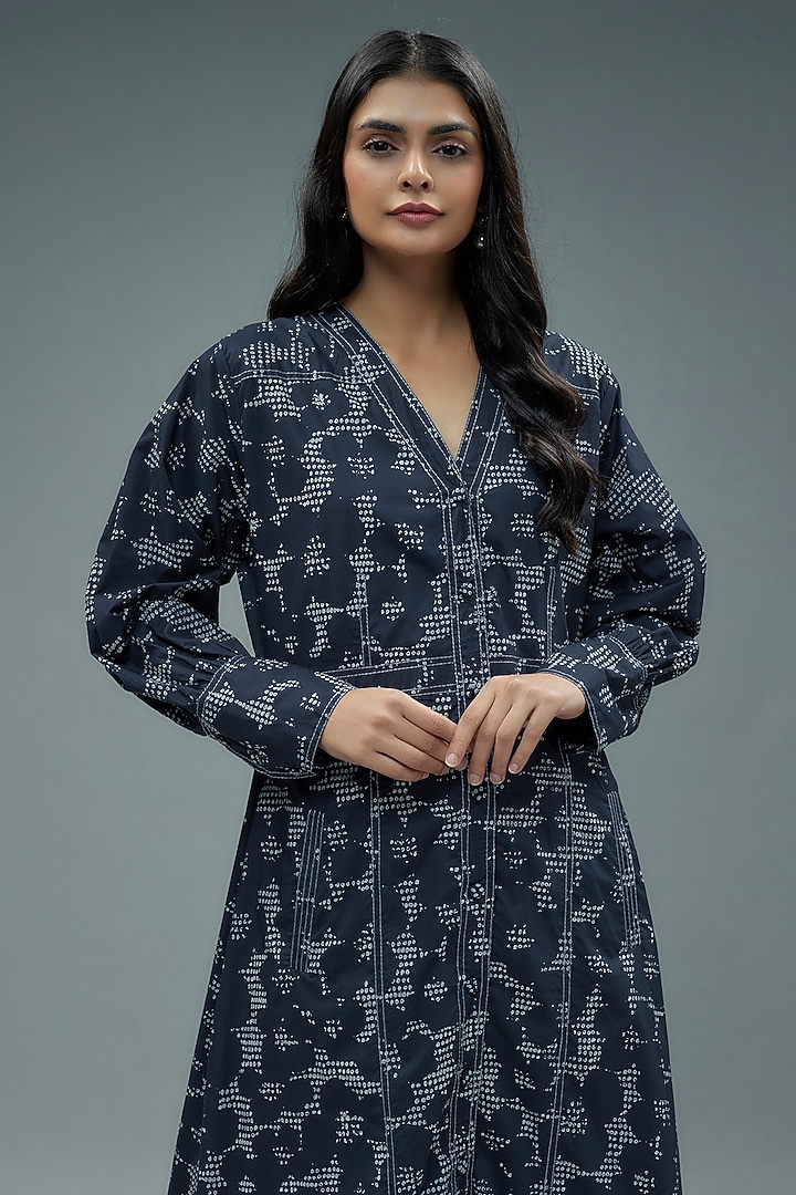Blue Cotton Satin Printed Midi Vacation Dress by SNOB at Pernia's Pop Up Shop