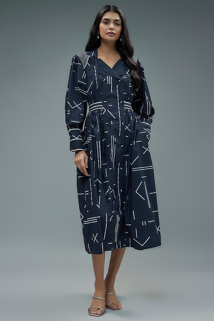 Blue Cotton Printed Midi Dress by SNOB at Pernia's Pop Up Shop