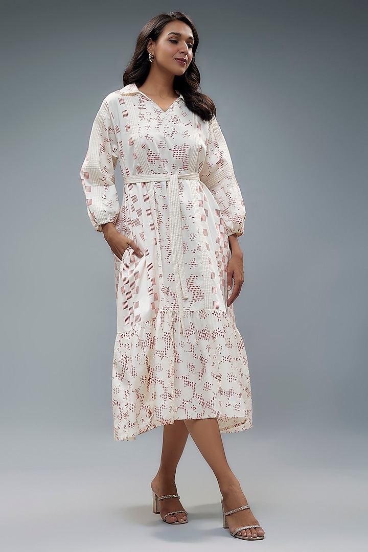 White Cotton Satin Geometric Printed A-Line Dress With Belt by SNOB at Pernia's Pop Up Shop