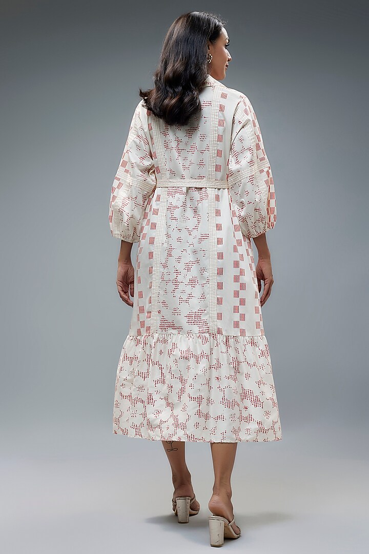 White Cotton Satin Geometric Printed A-Line Vacation Dress With Belt by SNOB at Pernia's Pop Up Shop