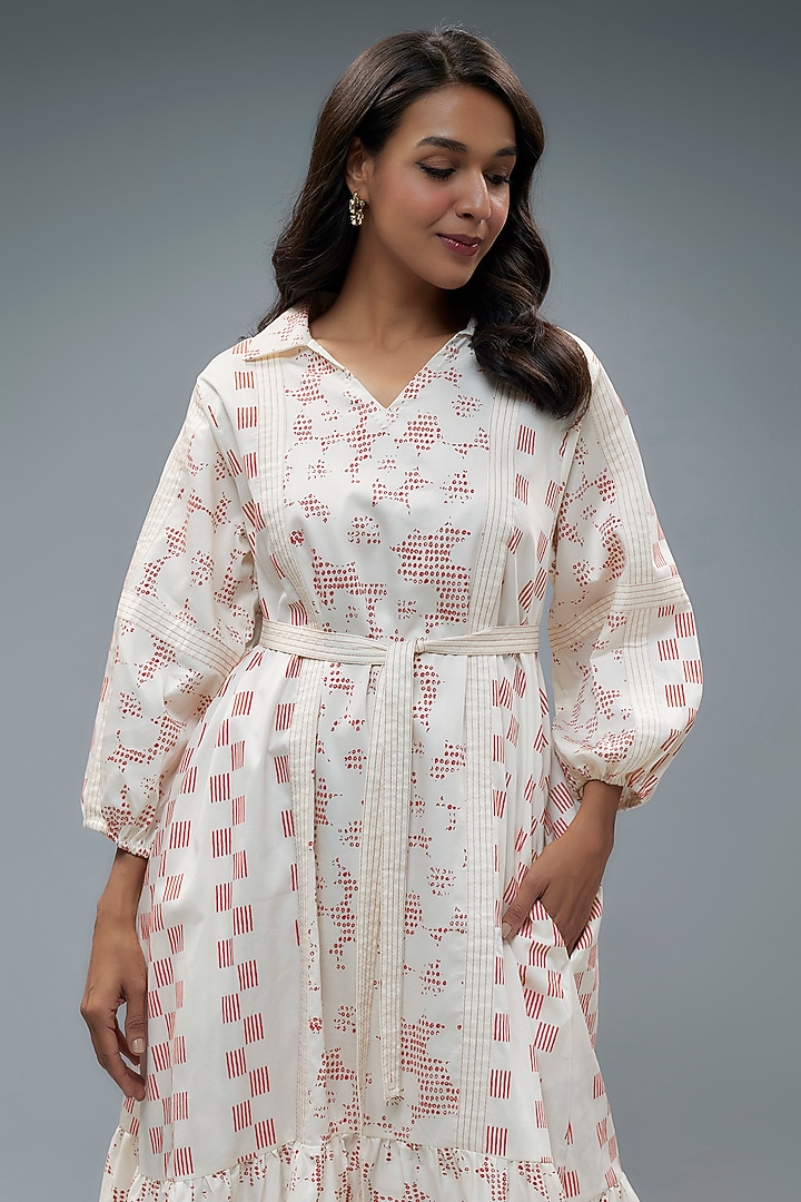 White Cotton Satin Geometric Printed A-Line Vacation Dress With Belt by SNOB at Pernia's Pop Up Shop