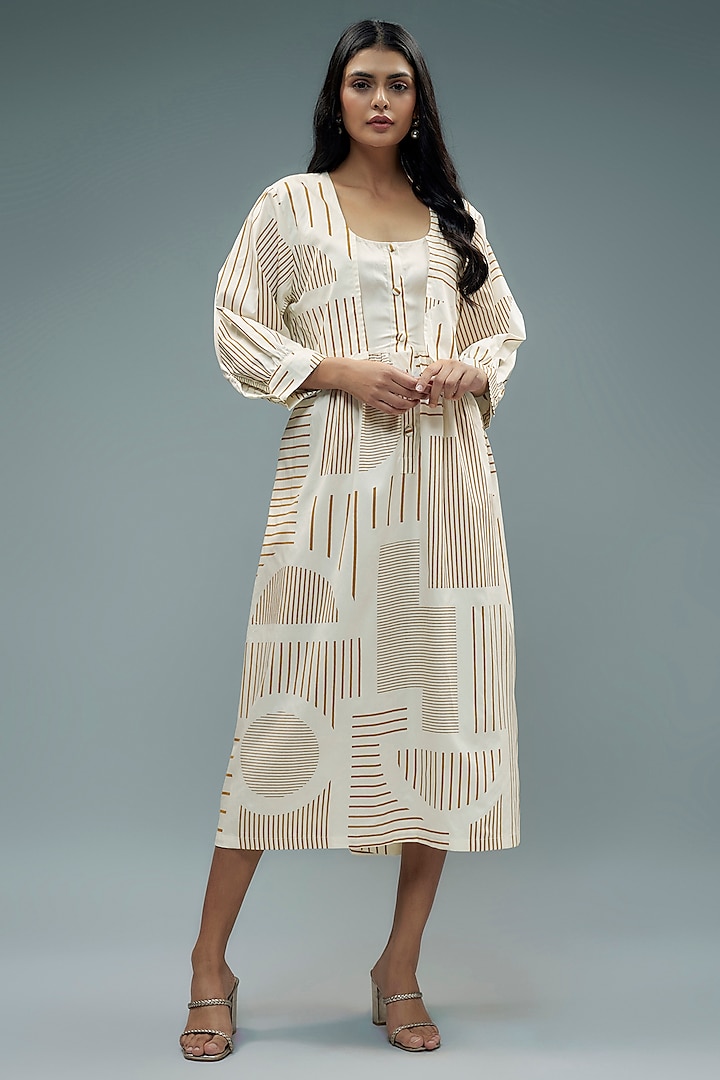 Off-White Cotton Geometric Printed Midi Dress by SNOB at Pernia's Pop Up Shop