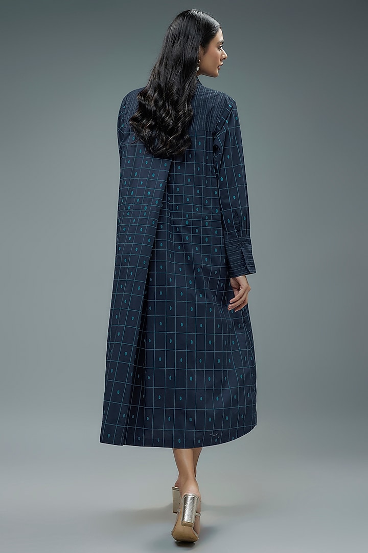 Navy Blue Cotton Geometric Checks Printed A-Line Midi Vacation Dress by SNOB at Pernia's Pop Up Shop
