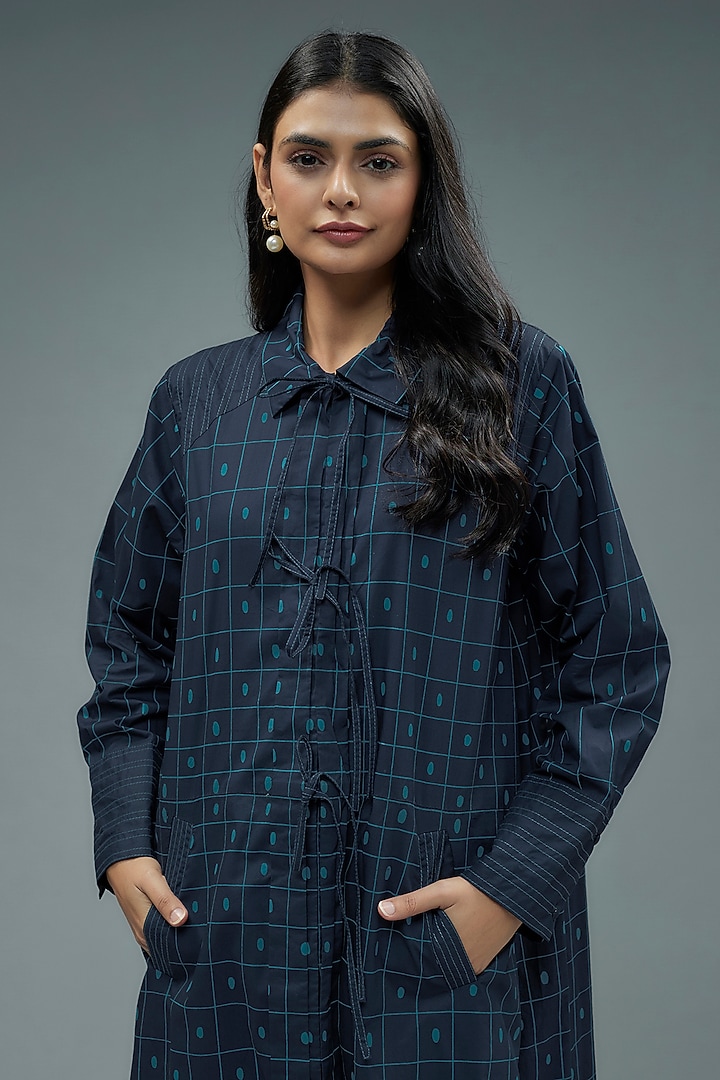 Navy Blue Cotton Geometric Checks Printed A-Line Midi Vacation Dress by SNOB at Pernia's Pop Up Shop